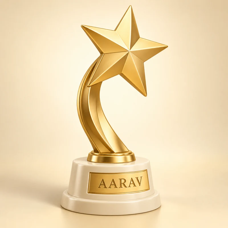 3D model concept: Gold star award with the name AARAV on its pedestal