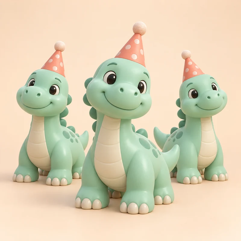 3D model concept: Three matching mint dinosaur figures wearing party hats