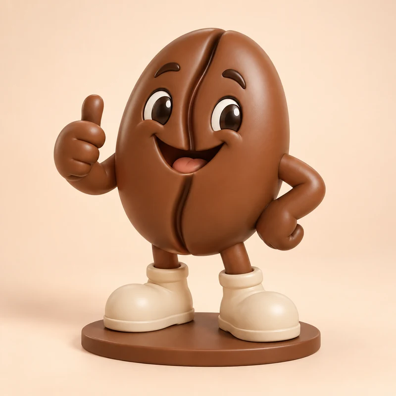 3D model concept: Original smiling coffee bean mascot on a round base