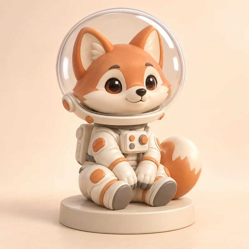 3D model concept: Fox astronaut inside a bubble helmet on a round base