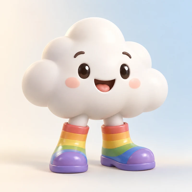 3D model concept: Original smiling cloud mascot wearing rainbow boots