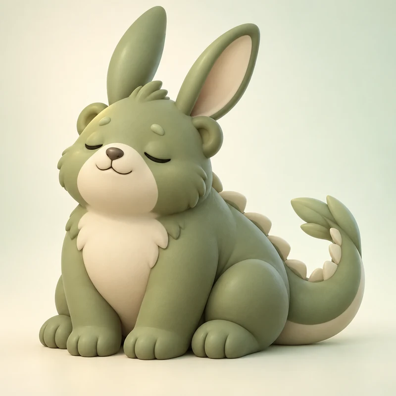 3D model concept: Original bear and rabbit creature with a curled dragon tail