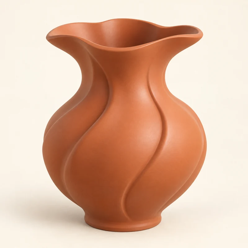 3D model concept: Terracotta sculptural vase with flowing curves and an open mouth