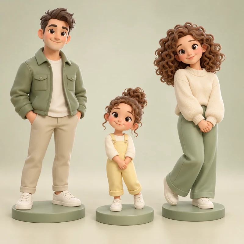 3D model concept: Three matching family figures on separate individual bases