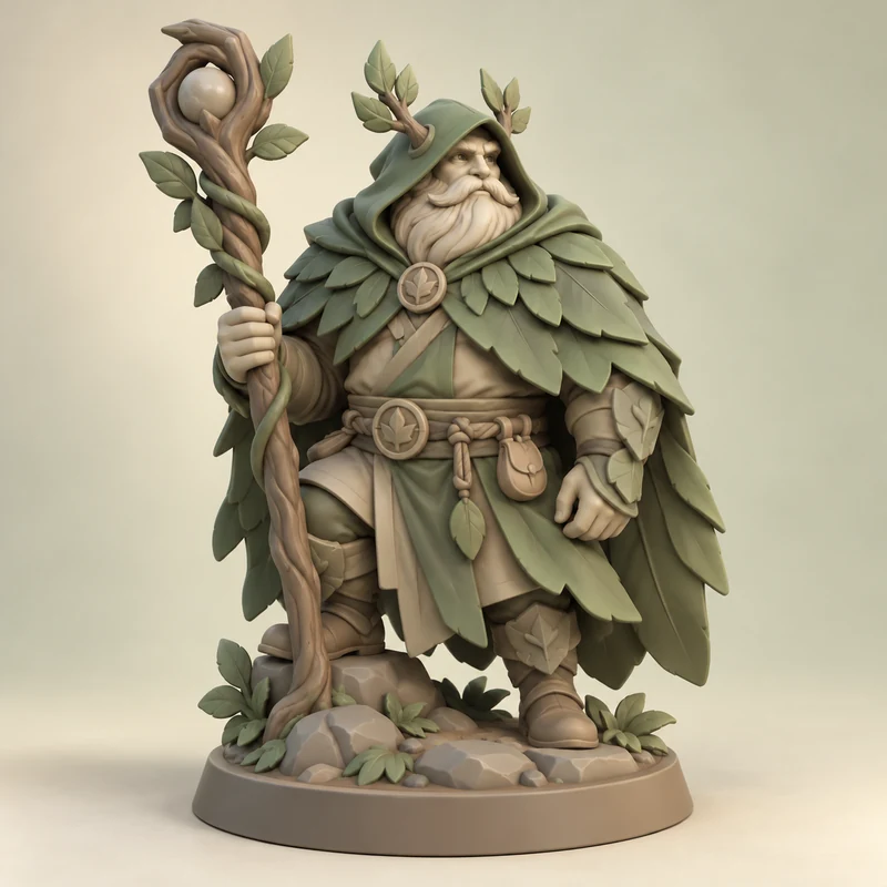 3D model concept: Forest guardian miniature with a leafy cloak and wooden staff