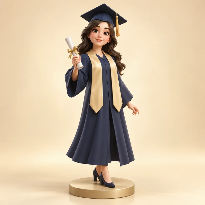 3D model concept: Graduate wearing a cap and gown and holding a diploma