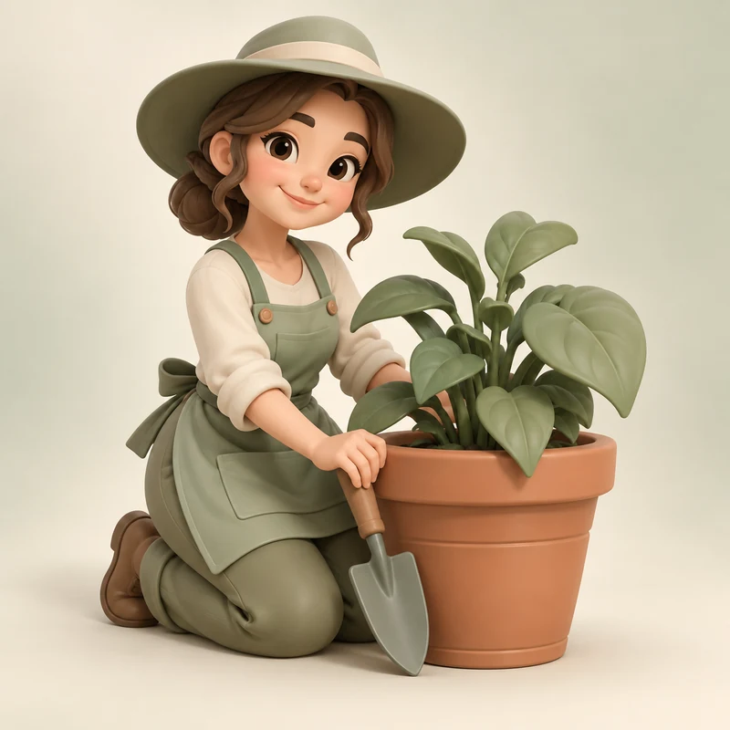 3D model concept: Gardener kneeling beside a planter with a trowel