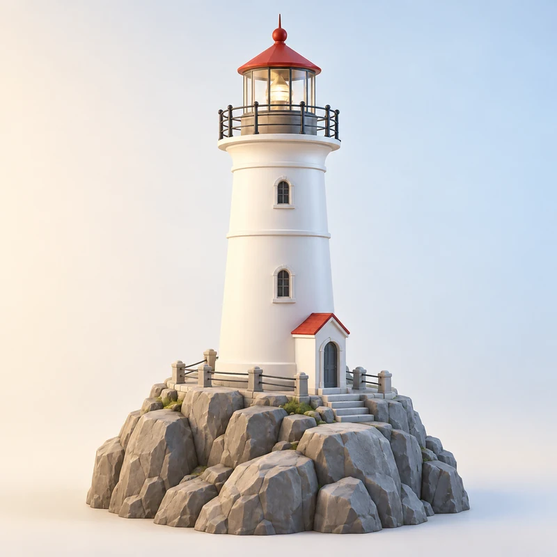 3D model concept: White lighthouse with a red roof on a rocky base