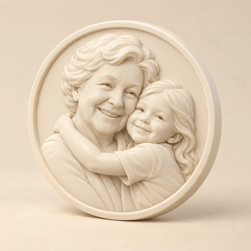 3D model concept: Raised portrait of a grandmother and child in a circular medallion
