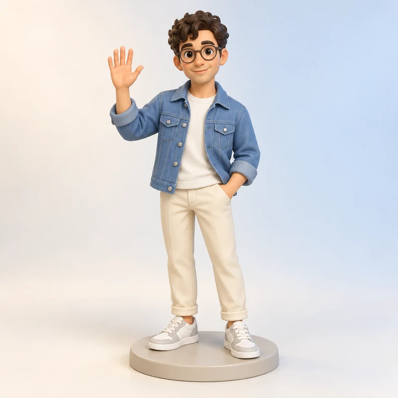 3D model concept: Stylized person with glasses waving on a round base