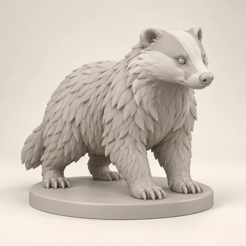 3D model concept: Monochrome badger figure with sculpted fur on a round base