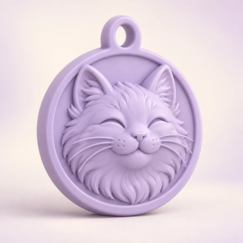 3D model concept: Lilac cat portrait relief with an integrated attachment loop