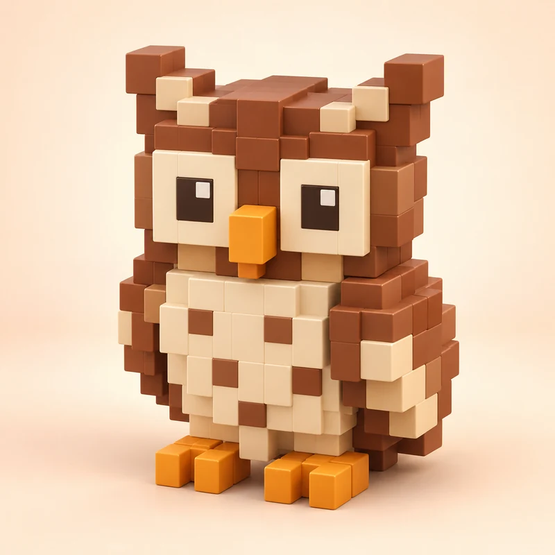 3D model concept: Volumetric owl built from deliberate smooth cube forms