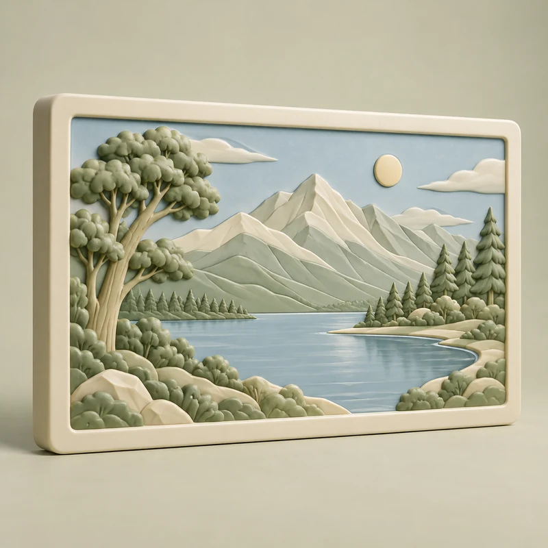 3D model concept: Rectangular mountain and lake relief plaque