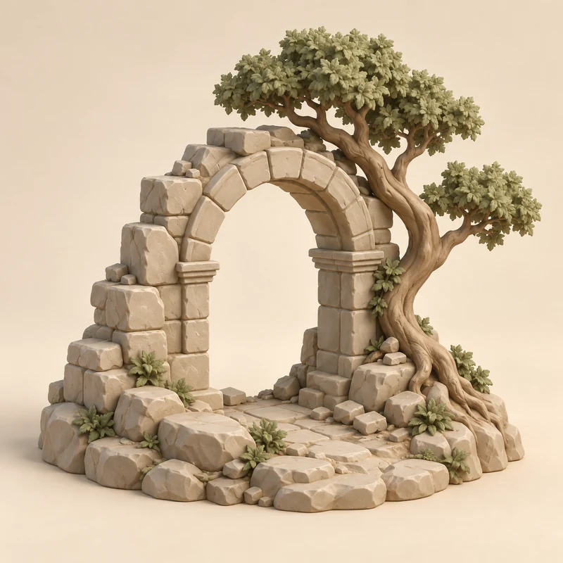 3D model concept: Miniature stone arch and tree on connected rocky terrain