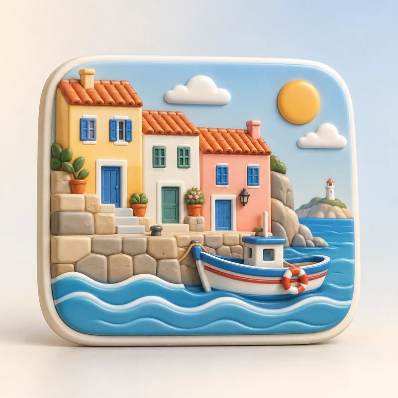 3D model concept: Coastal village and boat on a shallow relief keepsake