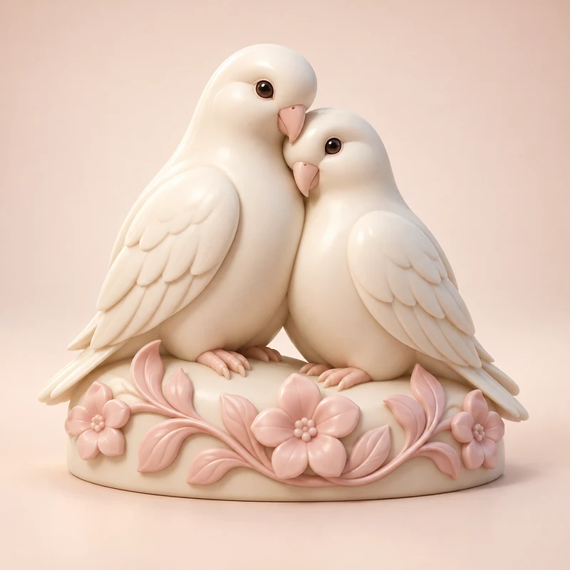 3D model concept: Two ivory lovebirds on a floral keepsake base