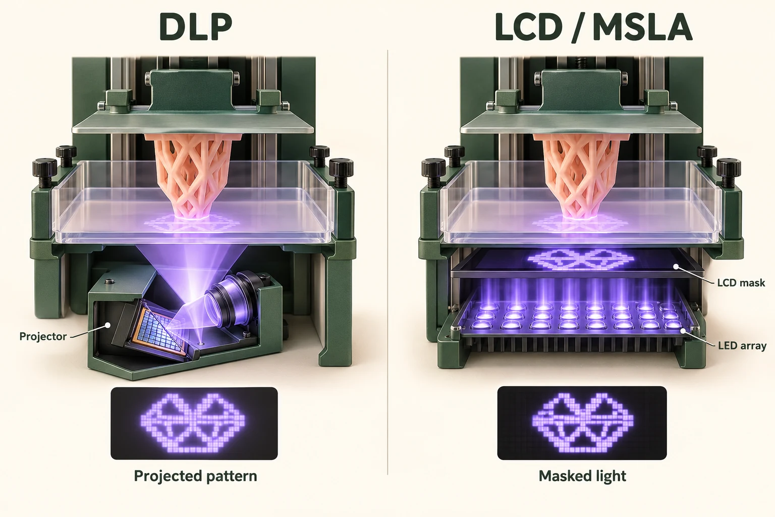 Illustration comparing DLP projection optics with the LED array and LCD mask used by MSLA