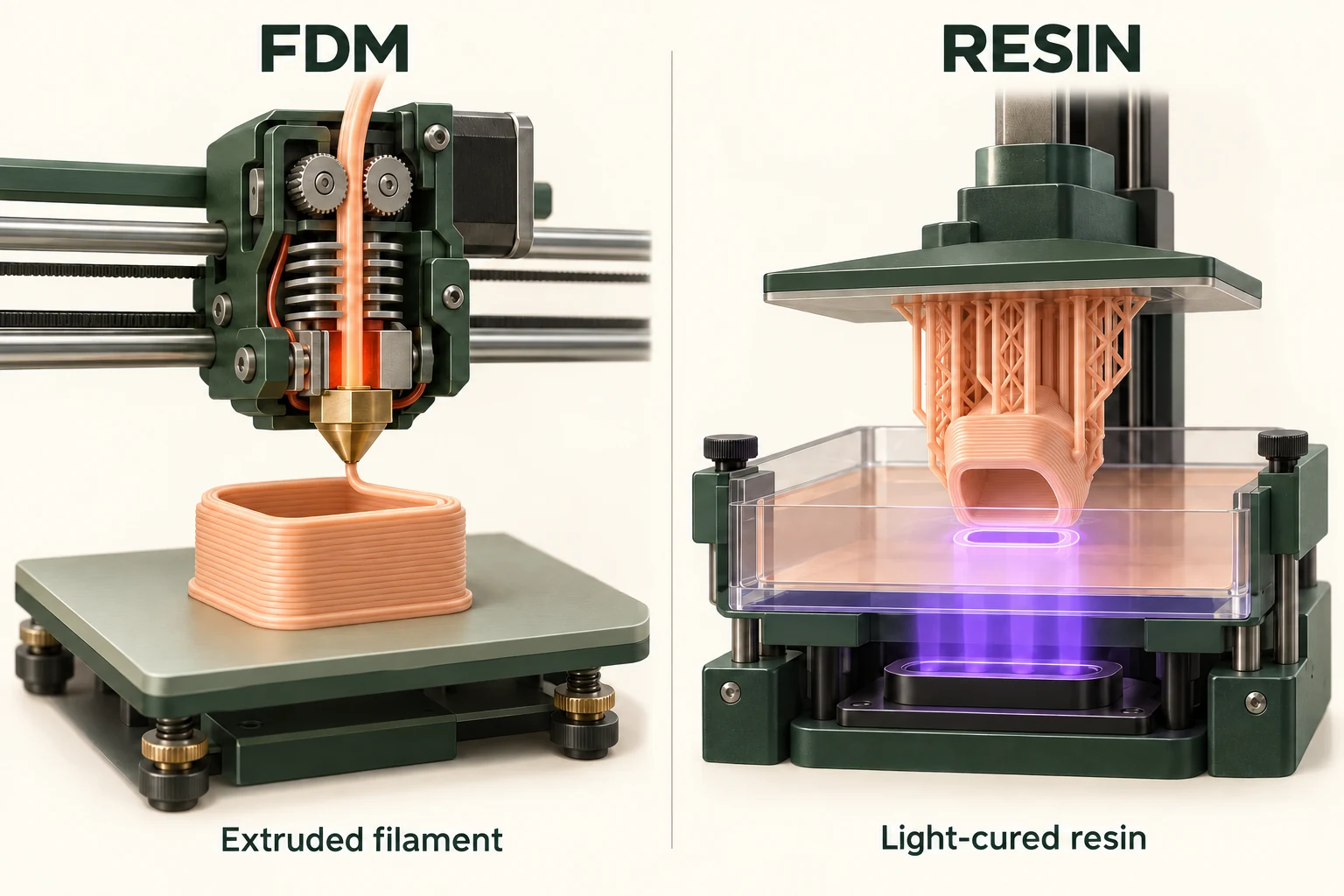 Illustration comparing a filament-fed FDM nozzle with a light-cured resin vat
