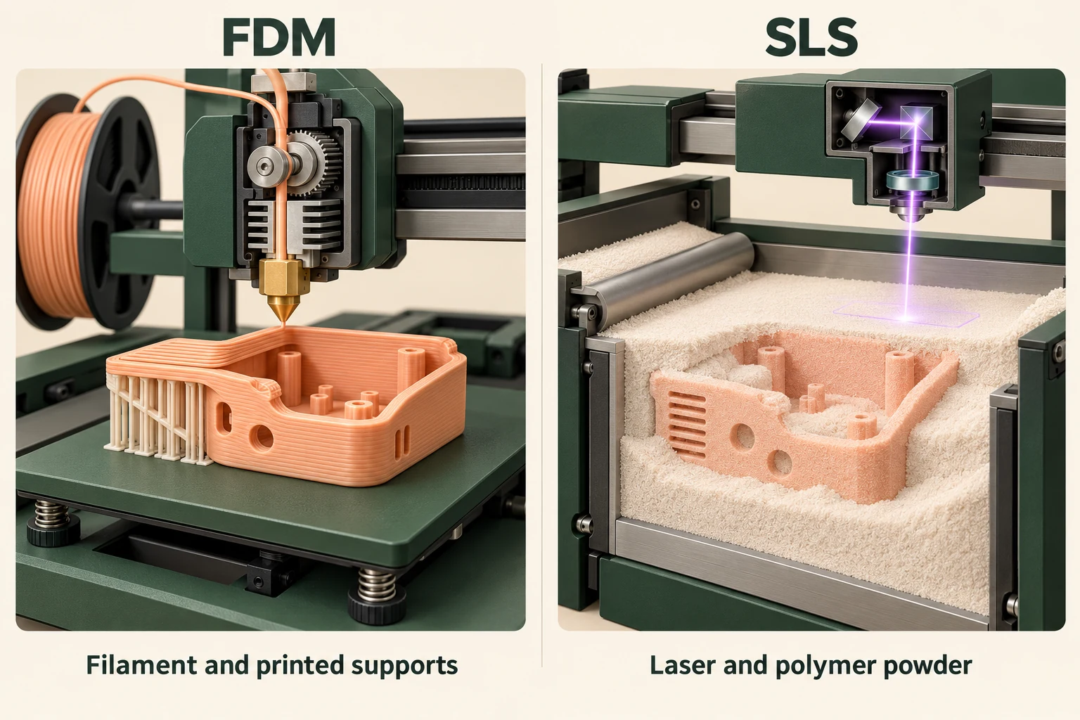 Illustration comparing FDM filament deposition with a laser scanning a polymer powder bed in SLS