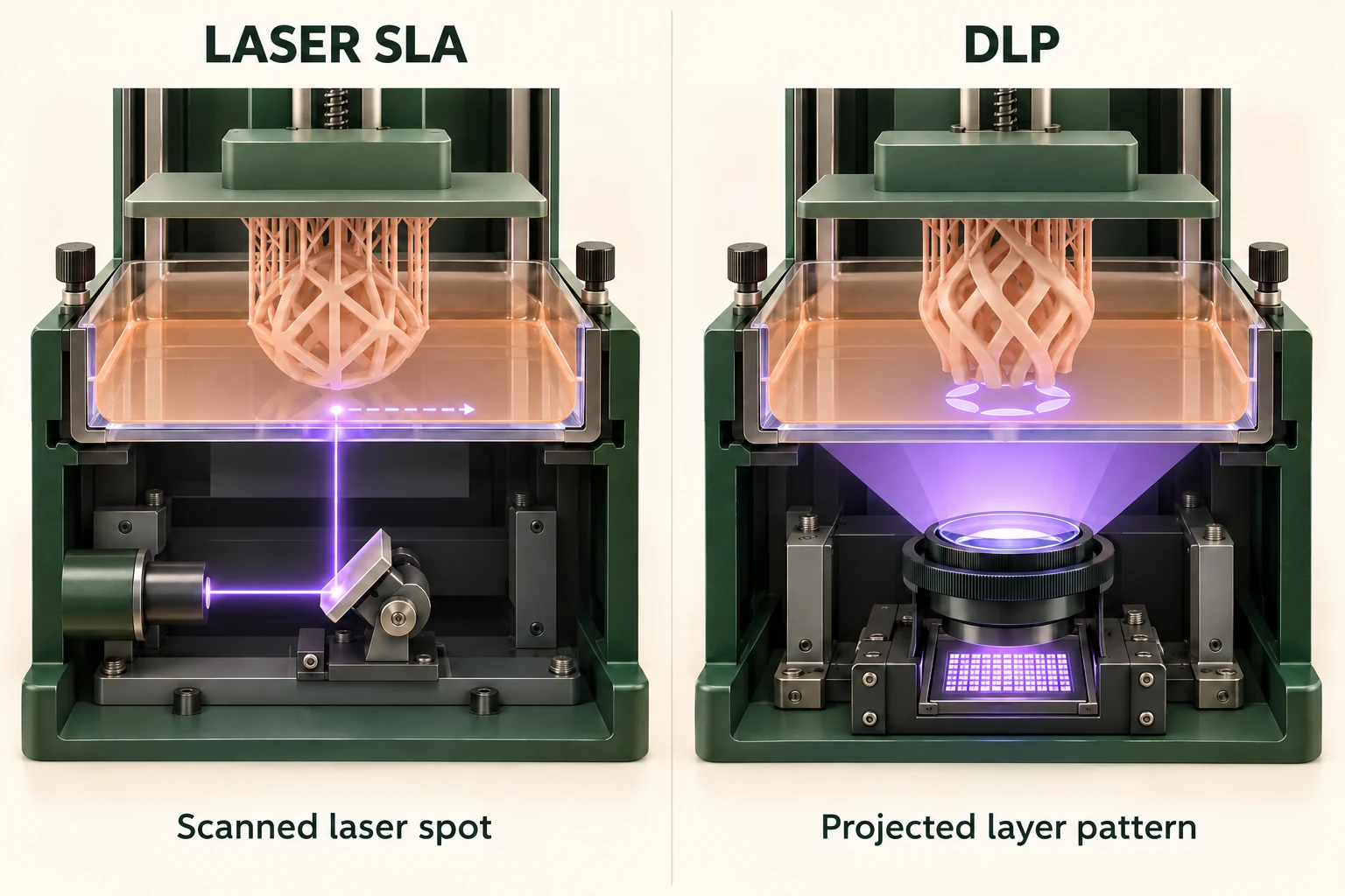 Illustration comparing a scanned laser spot in SLA with a projected layer pattern in DLP