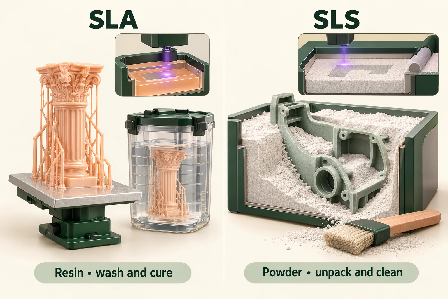 Illustration comparing supported resin parts and washing with powder-bed parts and powder removal