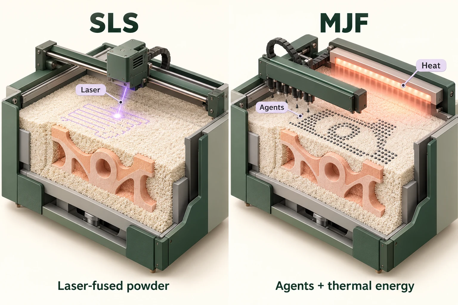 Illustration comparing SLS laser fusion with MJF agent deposition and thermal energy